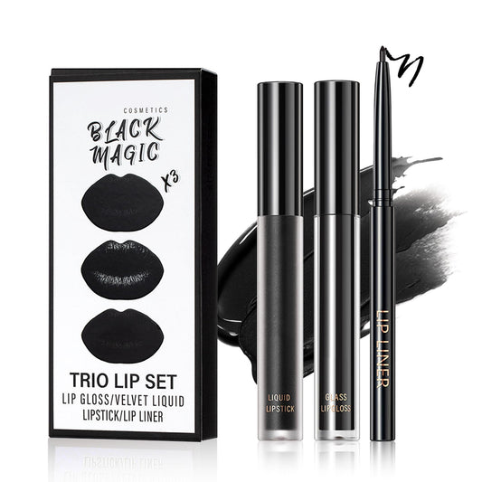 3 in 1 Black Lip Liner & Lipgloss Set Matte Velvet, 12# Black Magic