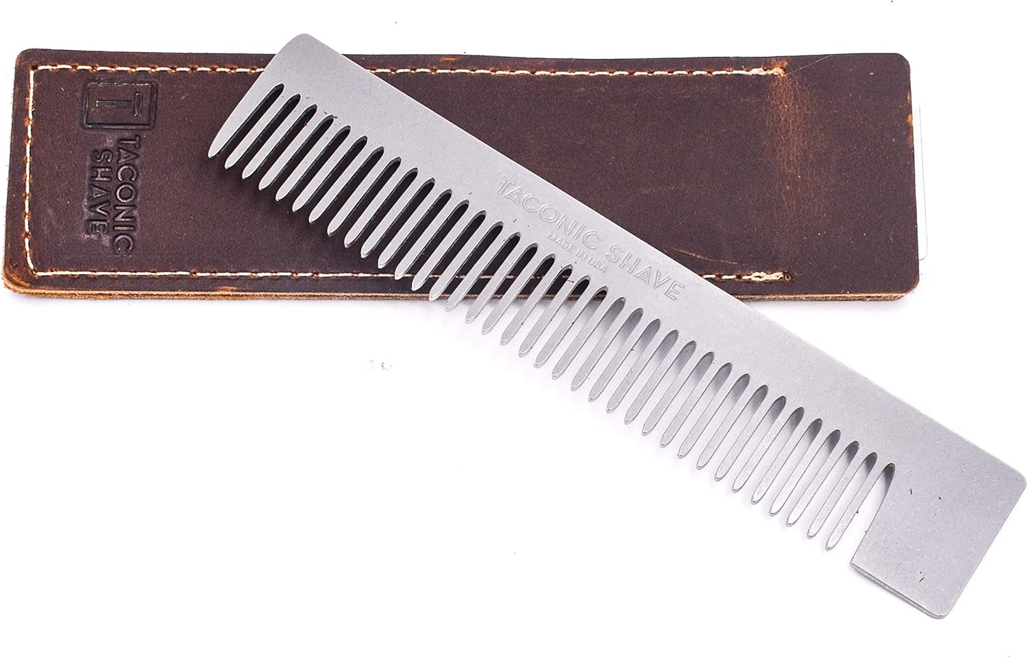 ’S Deluxe Stainless Steel Pocket Hair Comb for Men, Genuine Saddle Leather Case Included, Made in the USA