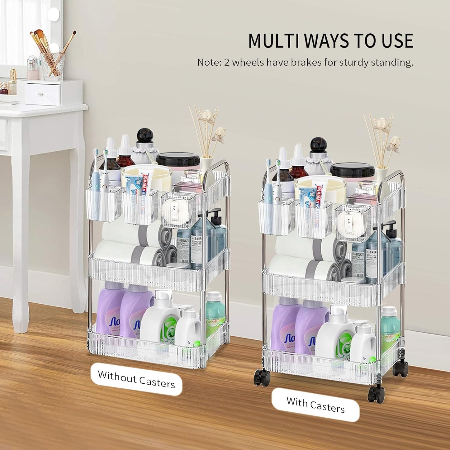 Acrylic Rolling Cart - 3 Tier Storage Organizer on Wheels for Bathroom, Makeup, Skincare, Cosmetic, Perfume, and Beauty Products