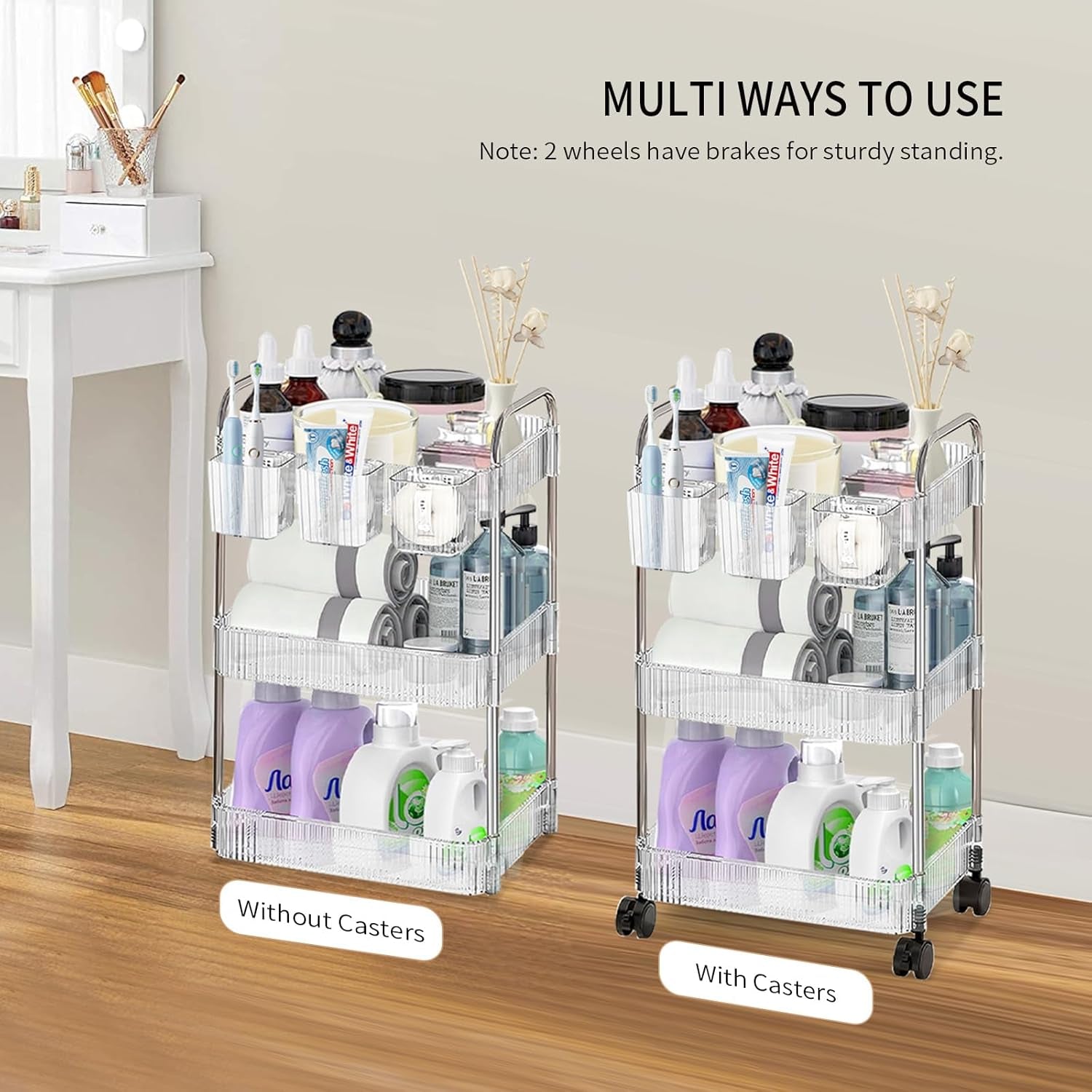 Acrylic Rolling Cart - 3 Tier Storage Organizer on Wheels for Bathroom, Makeup, Skincare, Cosmetic, Perfume, and Beauty Products