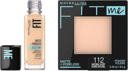 New York Fit Me Matte + Poreless Foundation Makeup, Ultra-Lightweight & New York Fit Me Matte + Poreless Pressed Face Powder Makeup, Natural Ivory, 0.28 Ounce, Pack of 1