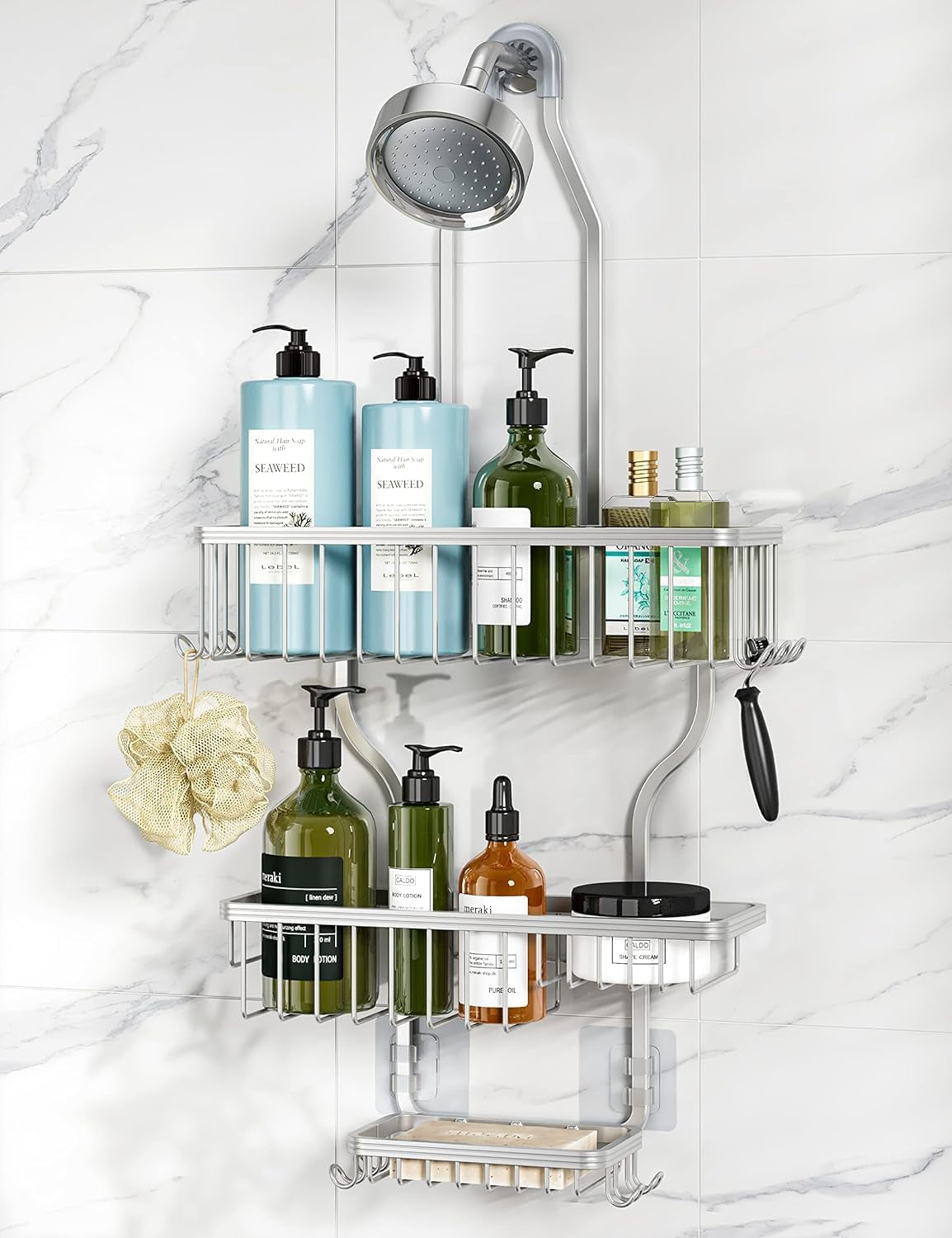 Shower Caddy Hanging - Never Rust Shower Organizer - Aluminum over the Head Caddy with 10 Hooks for Razor/Sponge - Rack with Soap Basket - Silver