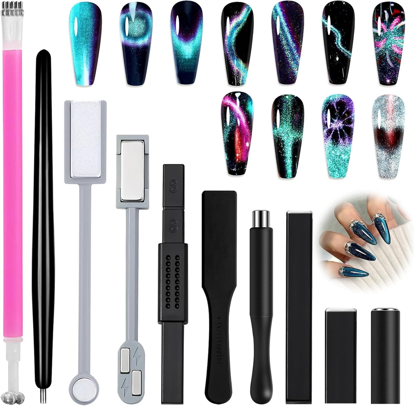 Cat Eye Magnet, Nail Magnet Tool Set, Double-Head Strong Suction Nail Magnet Stick Cat Eye Flower Design Nail Magnets Pen Plate Wand Board for Magnetic Cat Eye Gel Nail Polish Nail Art