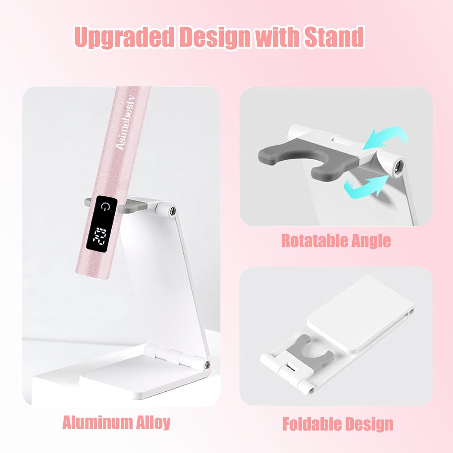 UV Lamp for Gel Nails, Mini UV Nail Lamp Hand Held with Stand, Portable Small Nail Dryer Light for Gel Polish with 3 Timers, Rechargeable Cordless UV Light Nail for Fast Curing, Rose