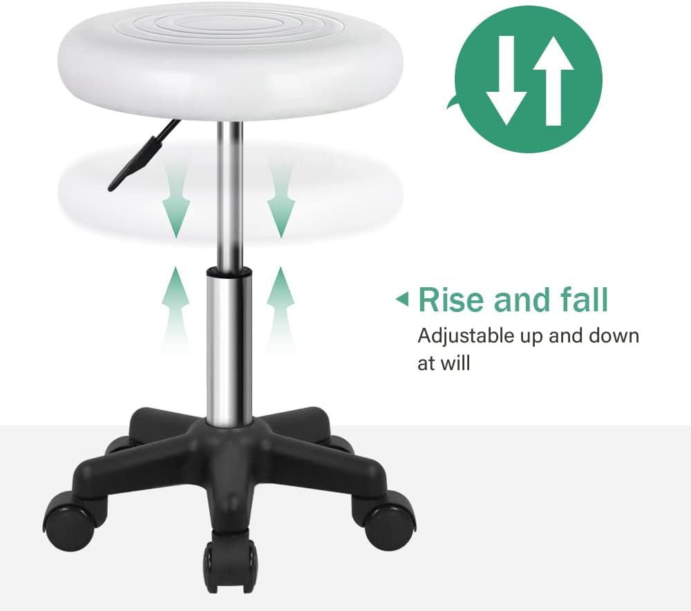 round Swivel Stool with Wheels PU Leahter Rolling Stool Height Adjustable Stool for Spa Salon Massage White