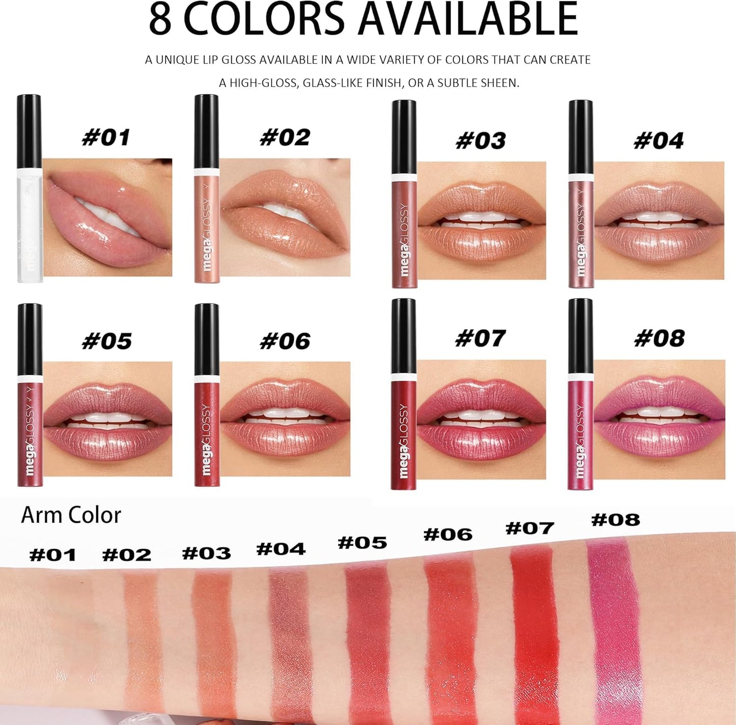 Mega Glossy Shimmer Lip Gloss for Women, 8 Shades Ultra High Shine Glosses Glitter Liquid Lip Glaze, Moisturizing, Non-Sticky Glossy Finish, Long-Lasting Shine & Fuller-Looking Lip Makeup (#01, S)