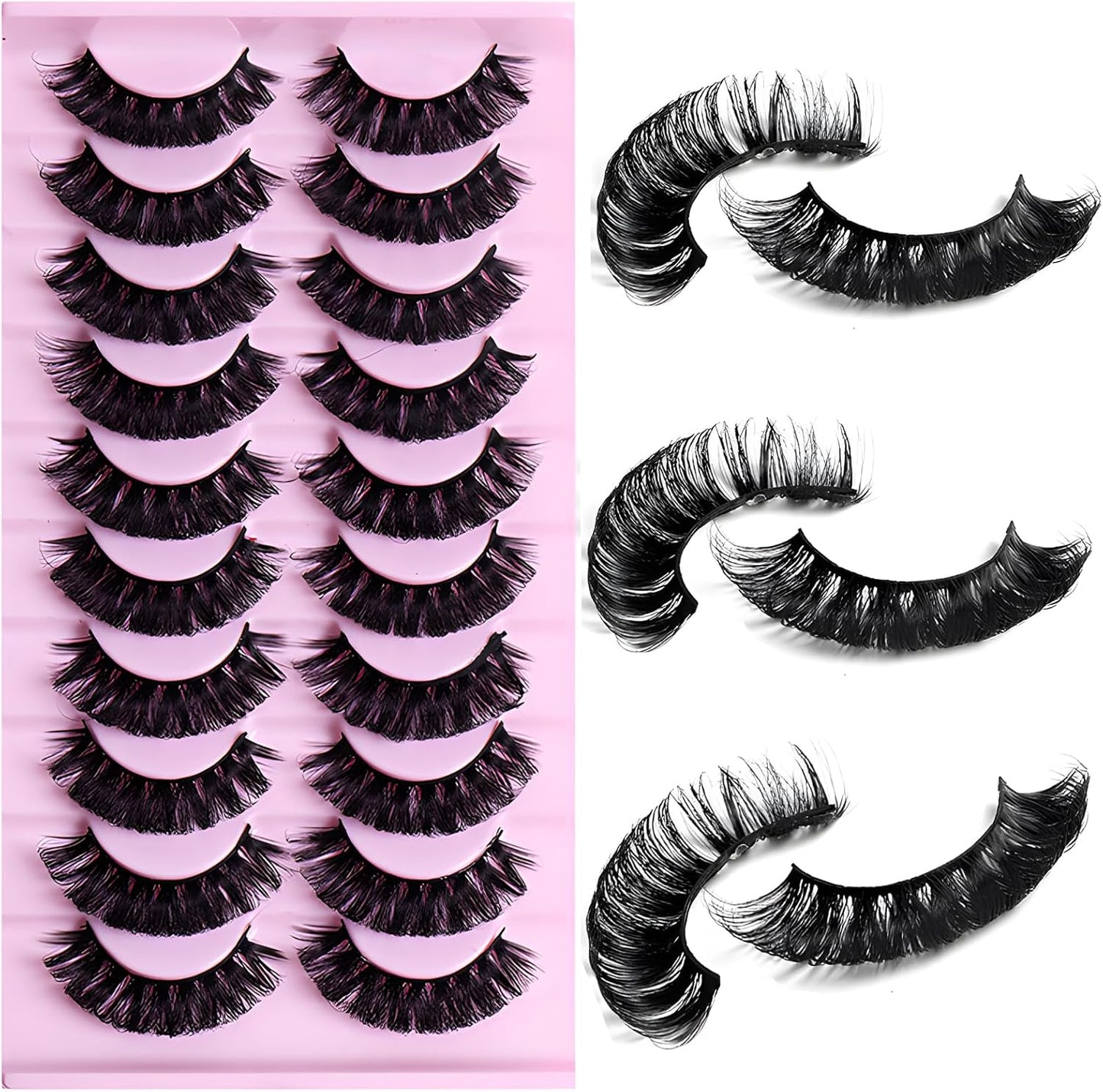 10 Pairs False Eyelashes Russian Strips Eye Lashes Fluffy False Lash Wispy Eyelash Extension Natural Look D Curly Volume Fake Eyelashes Reusable Eye Lash for Women Girls
