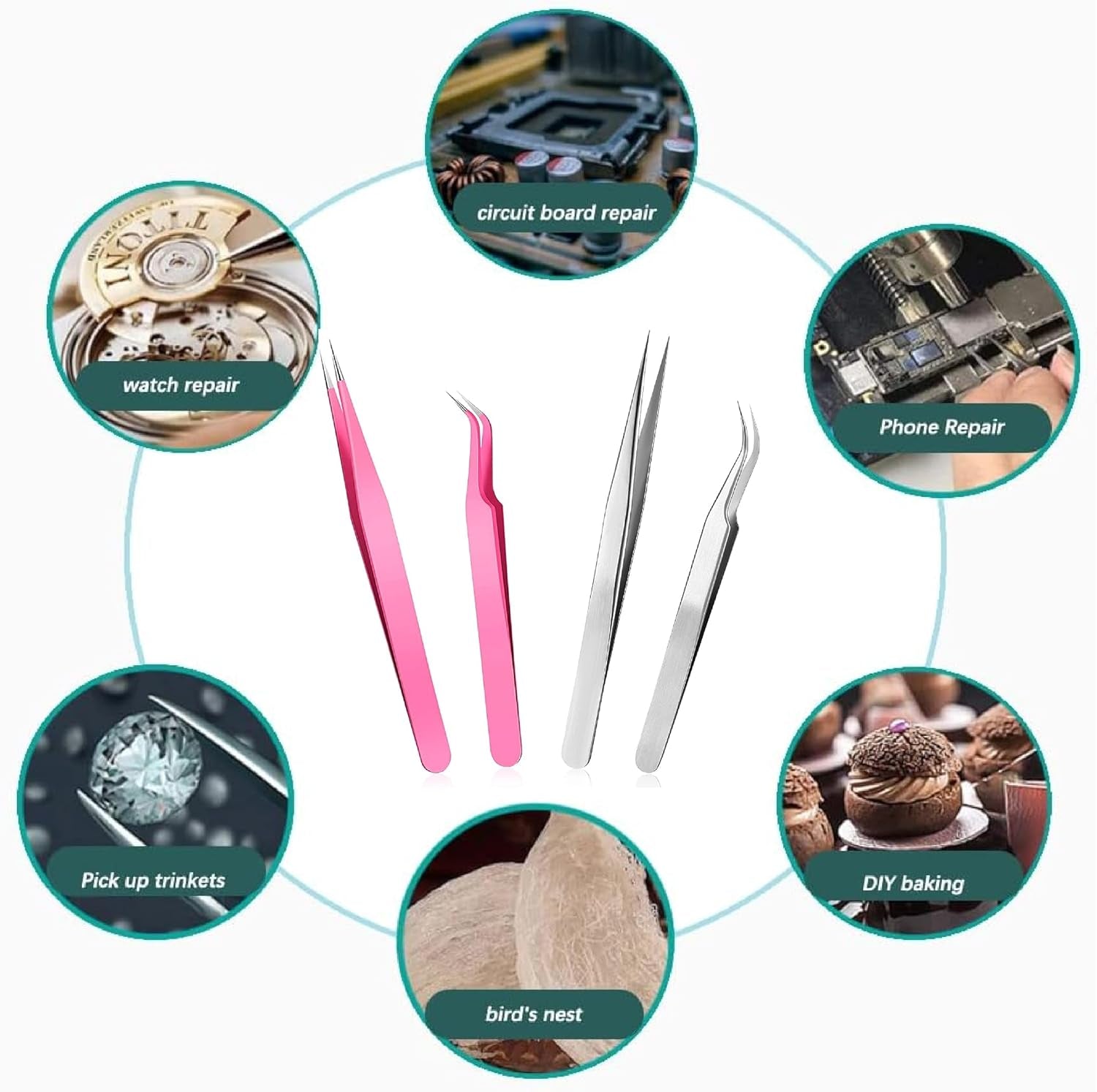 Lash Tweezers Eyelash Extension 4 Set - Precision Stainless Steel Craft Tools for Volume Lashes, False Lash Application - Straight and Curved Tip - Fine Workmanship, Non-Slip Handle