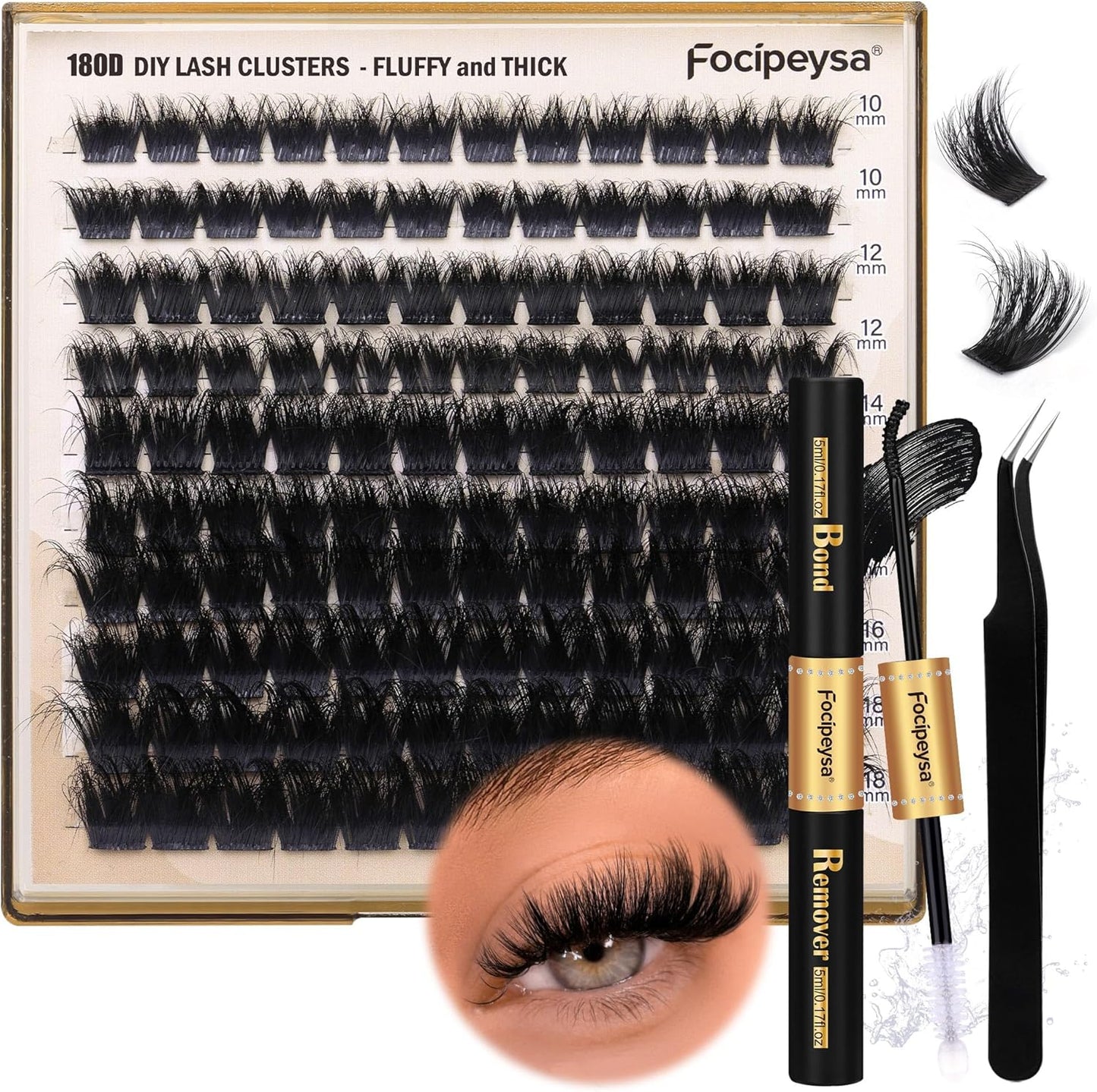 Eyelash Extension Kit Thick Lash Clusters Kit 10-18Mm Fluffy Clusters Lashes 180D Individual Eyelashes Kit with Lash Bond, Lash Remover, Lash Applicator DIY Lash Extension for Beginners (180D-D Curl)