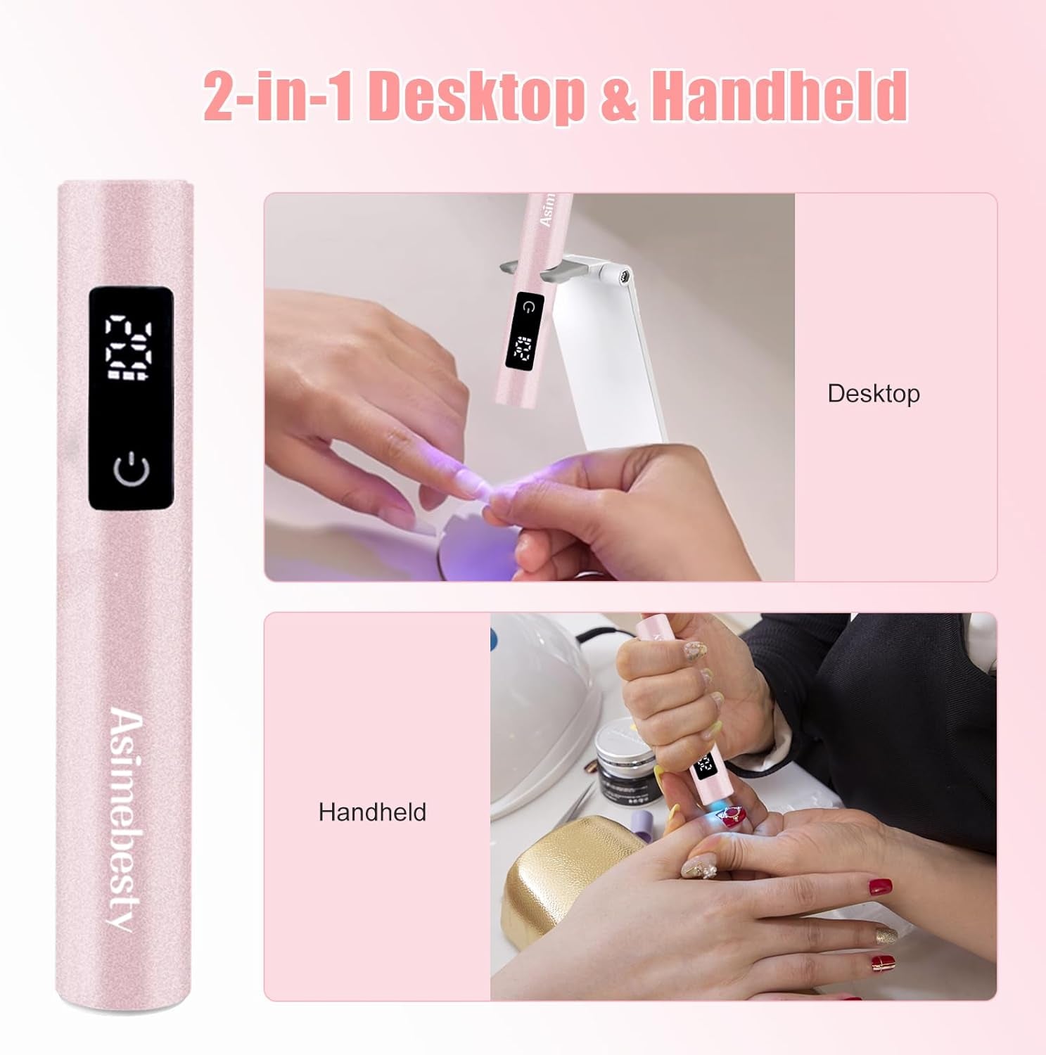 UV Lamp for Gel Nails, Mini UV Nail Lamp Hand Held with Stand, Portable Small Nail Dryer Light for Gel Polish with 3 Timers, Rechargeable Cordless UV Light Nail for Fast Curing, Rose