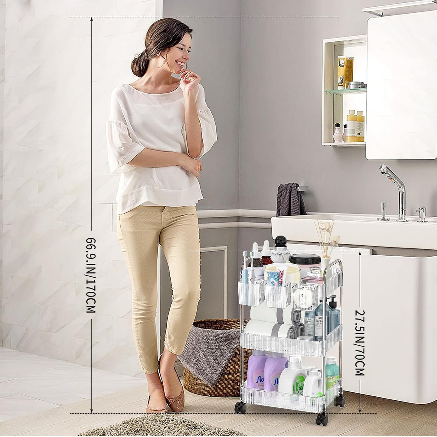 Acrylic Rolling Cart - 3 Tier Storage Organizer on Wheels for Bathroom, Makeup, Skincare, Cosmetic, Perfume, and Beauty Products