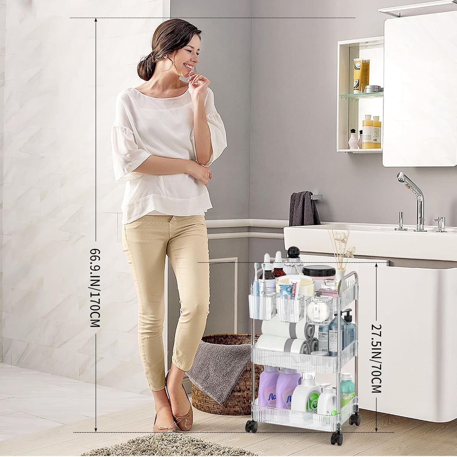 Acrylic Rolling Cart - 3 Tier Storage Organizer on Wheels for Bathroom, Makeup, Skincare, Cosmetic, Perfume, and Beauty Products