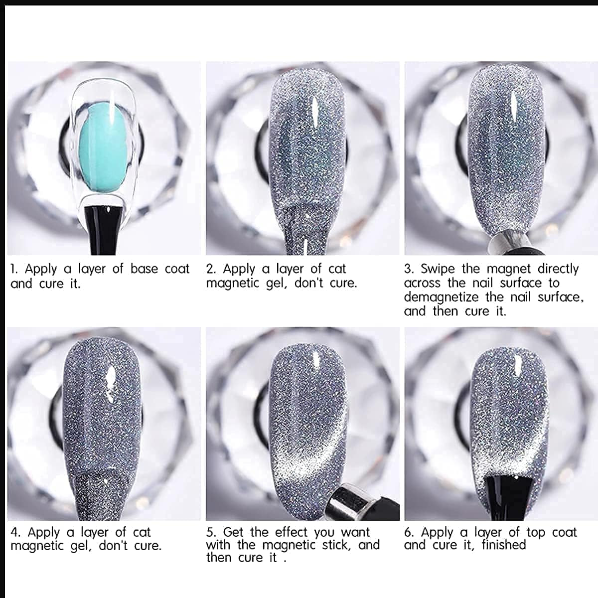 Cat Eye Gel Nail Polish Kits, Magnetic Gel Nail Polish 6 Colors, Reflective Sparkling Super Bright Explosion Diamond Glitter Bungee Soak off UV Broken Diamond Gel Nail Set with Double-Ended Magnet Stick