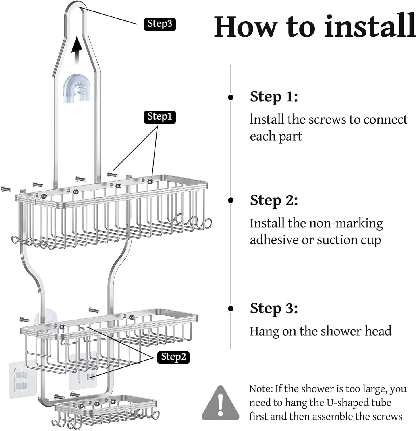 Shower Caddy Hanging - Never Rust Shower Organizer - Aluminum over the Head Caddy with 10 Hooks for Razor/Sponge - Rack with Soap Basket - Silver