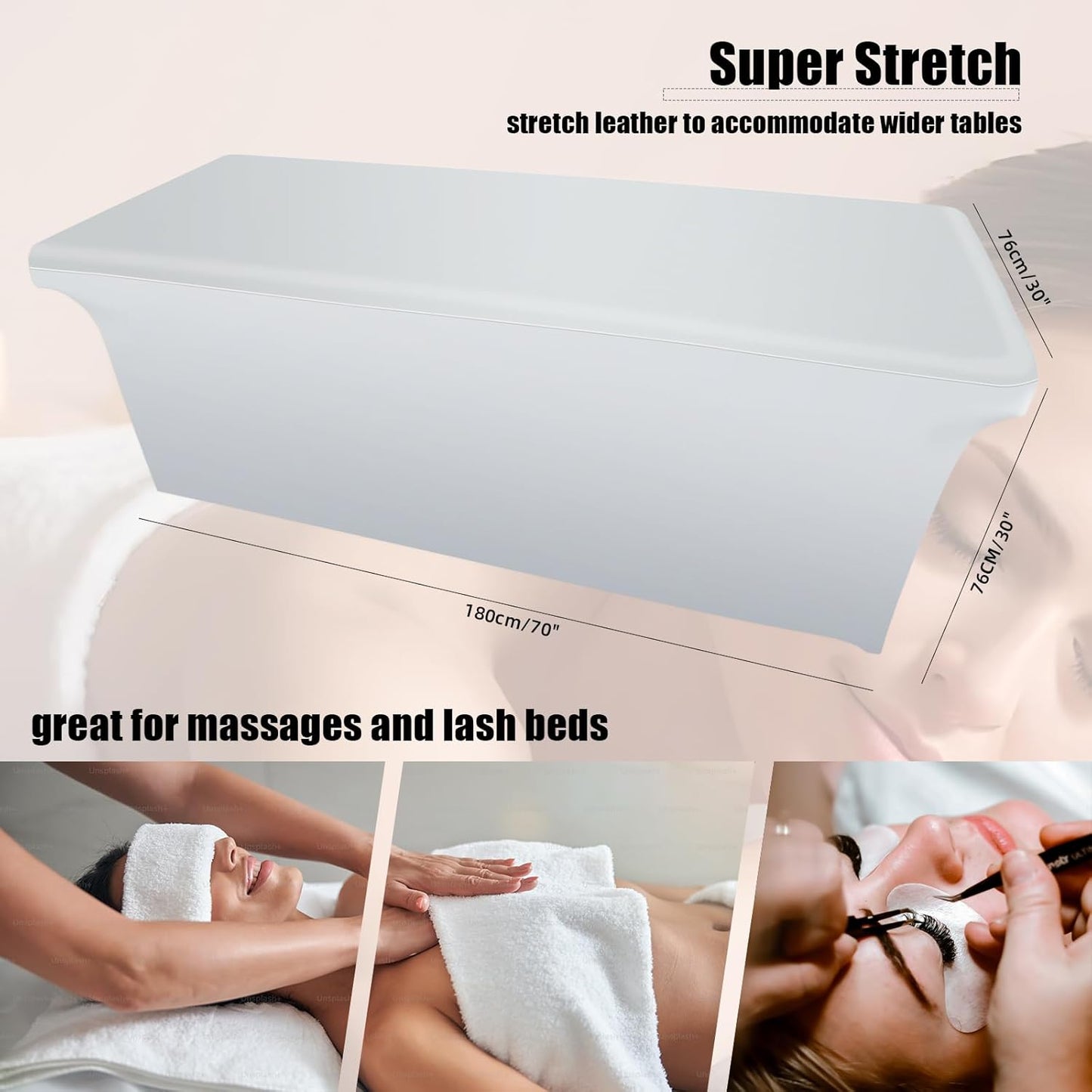 PU Leather Massage Table Cover Protector Waterproof Lash Bed Cover Protective Covers for Salon Massage Table, Wipeable and High Elasticity Vegan Leather Lash Bed Topper(White, 6FT)