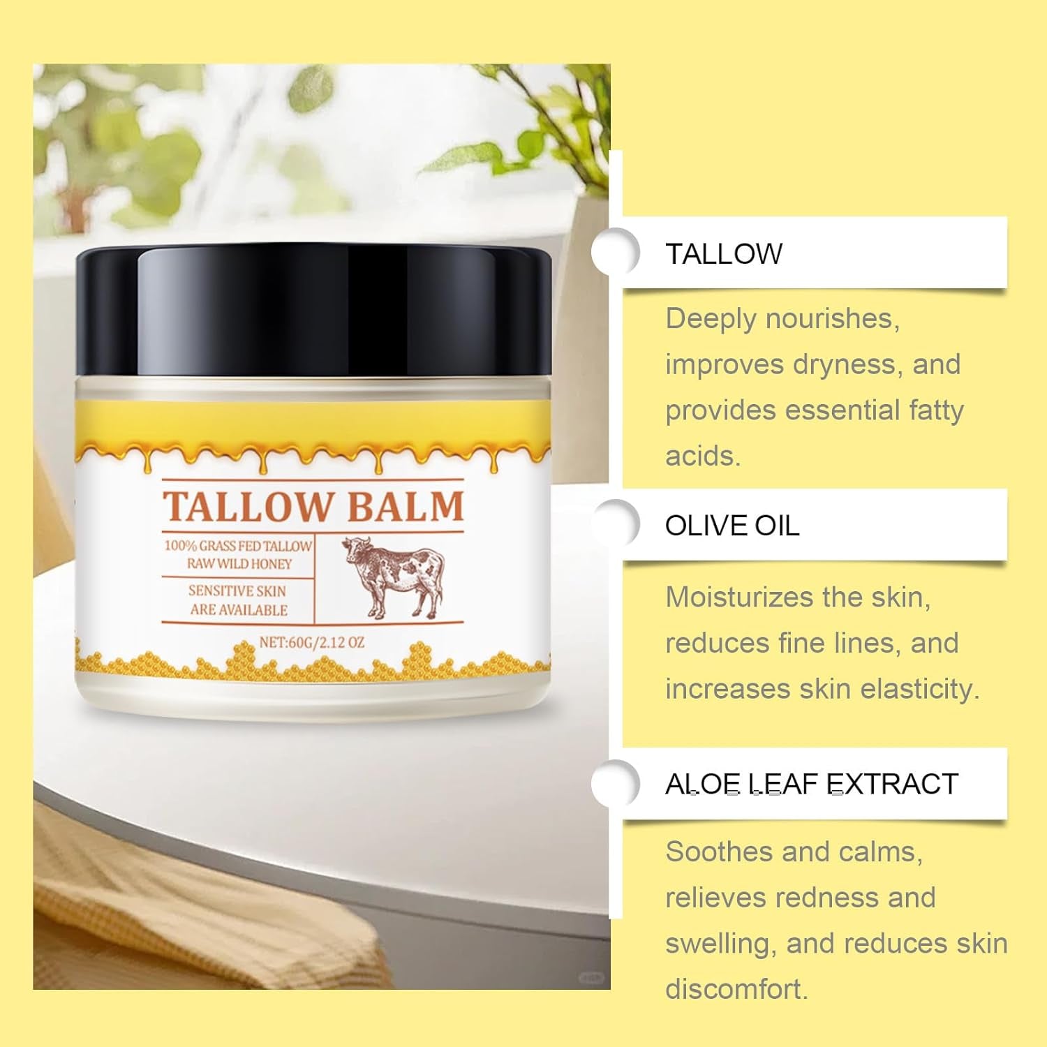 Beef Tallow Honey Skin Balm, 2Oz Premium Natural Moisturizer for Face and Body Hydration