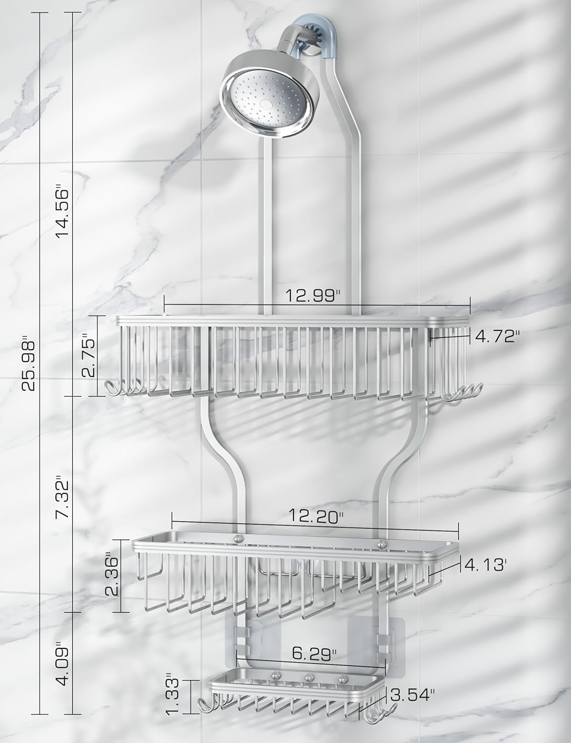 Shower Caddy Hanging - Never Rust Shower Organizer - Aluminum over the Head Caddy with 10 Hooks for Razor/Sponge - Rack with Soap Basket - Silver