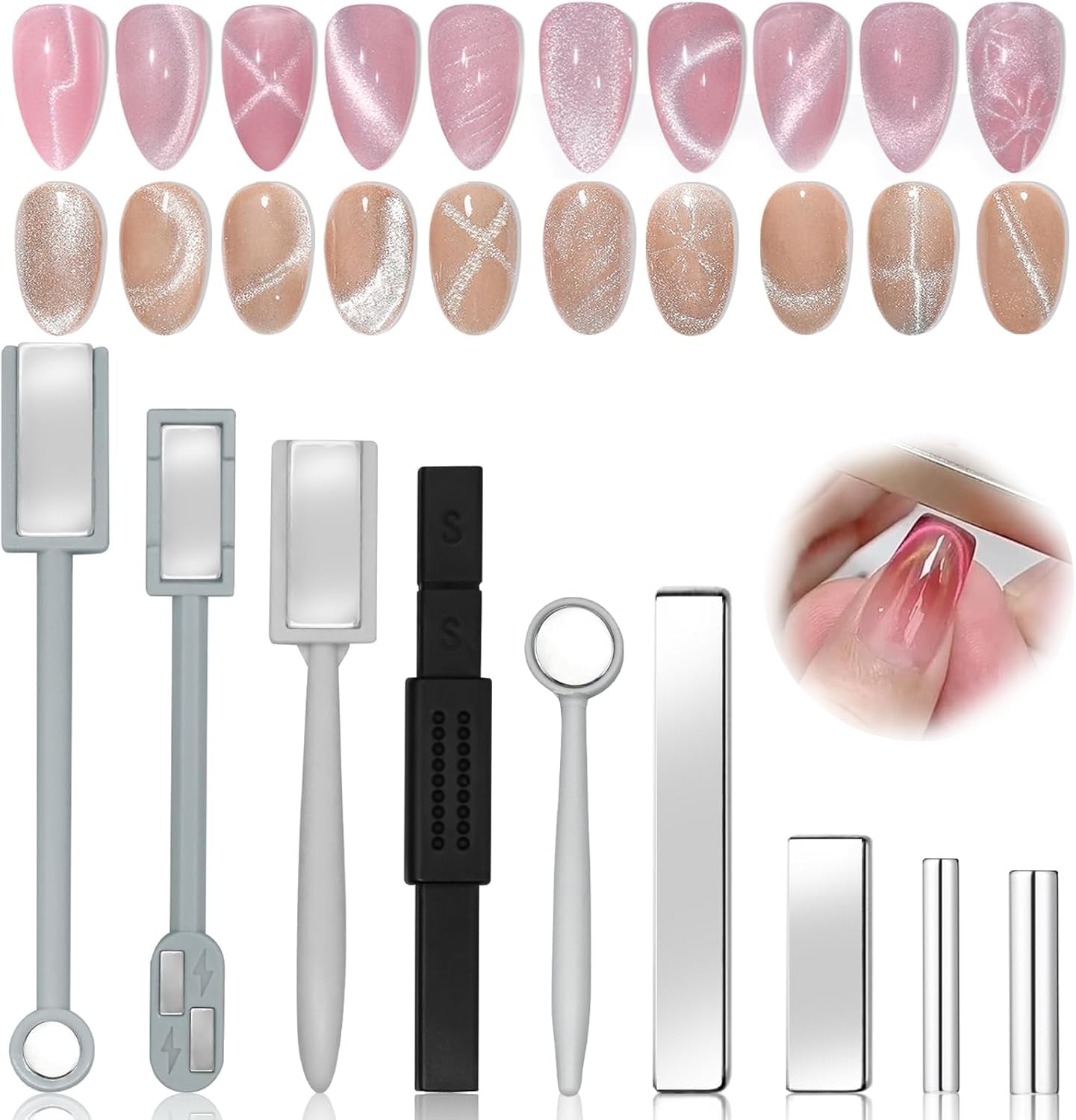 9Pcs Cat Eye Magnet for Nails, Cat Eye Gel Nail Polish Magnet Tools Set, Strong Suction Nail Polish Cat Eye Magnet Board Magnet for Nail Polish, Double-Ended Nail Design Tools Nail Accessories