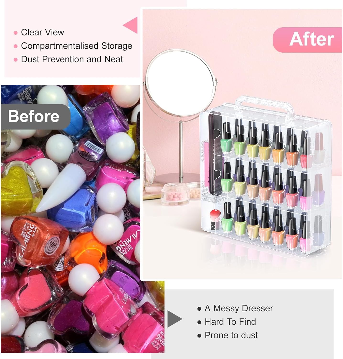 Nail Polish Organizer, 48 Bottles Transparent Nail Polish Holder with Adjustable Divider, Gel Nail Polish Storage Double Side Nail Polish Organizer Case for Storage Display