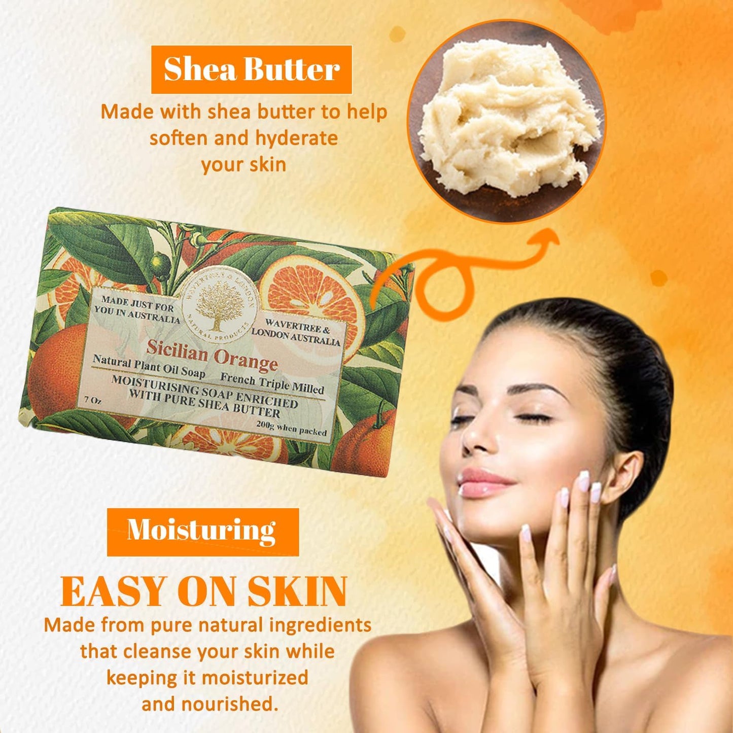 Sicilian Orange (2 Bars), 7Oz Moisturizing Natural Soap Bar, French -Milled and Enriched with Shea Butter