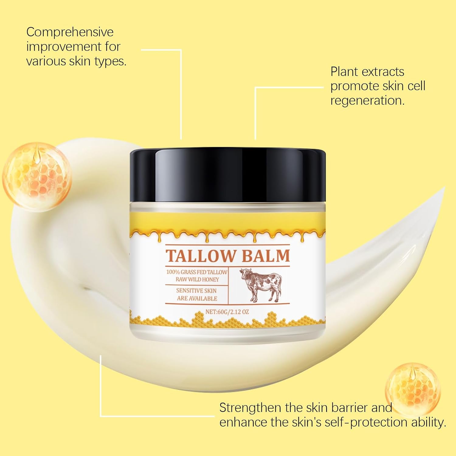Beef Tallow Honey Skin Balm, 2Oz Premium Natural Moisturizer for Face and Body Hydration