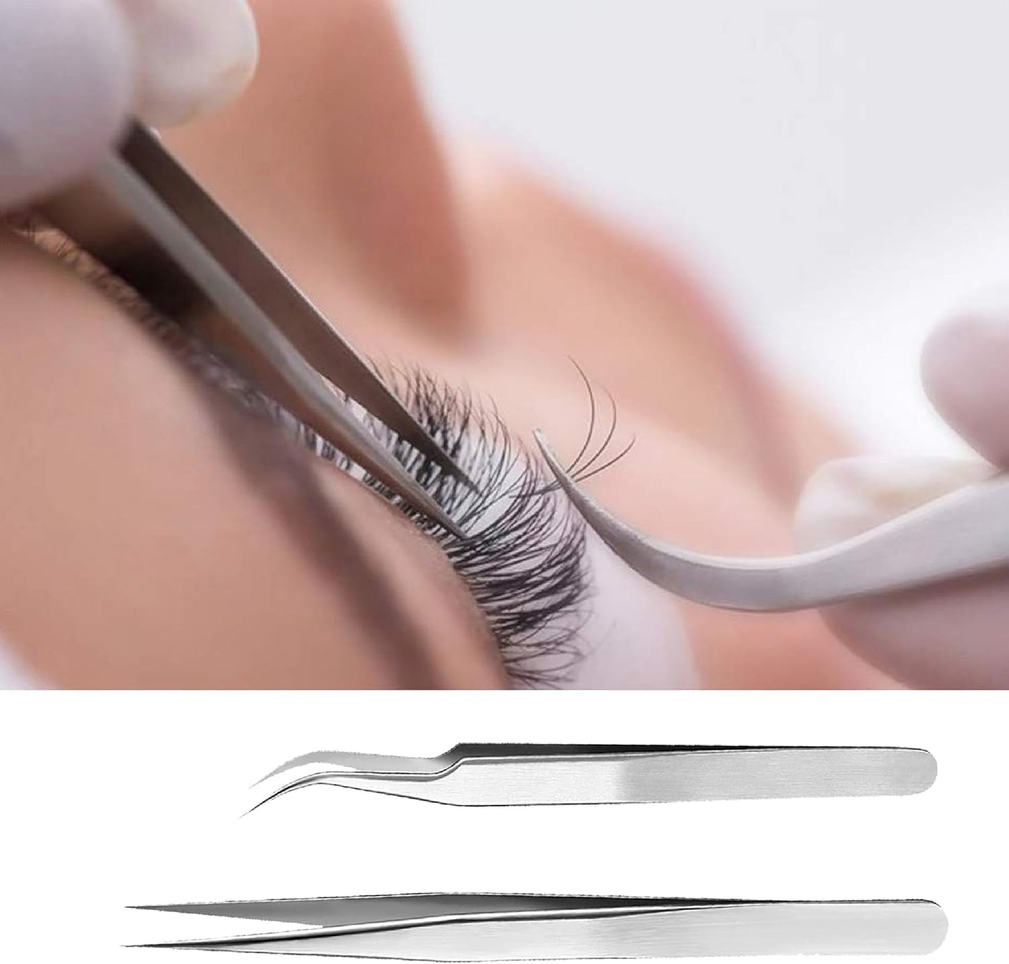 Lash Tweezers Eyelash Extension 4 Set - Precision Stainless Steel Craft Tools for Volume Lashes, False Lash Application - Straight and Curved Tip - Fine Workmanship, Non-Slip Handle