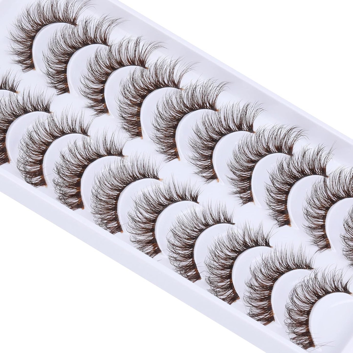 Brown Lashes Natural Look False Eyelashes Cat Eye Natural Lashes Clear Band 14MM Fluffy Wispy False Lashes Strip 10 Pairs