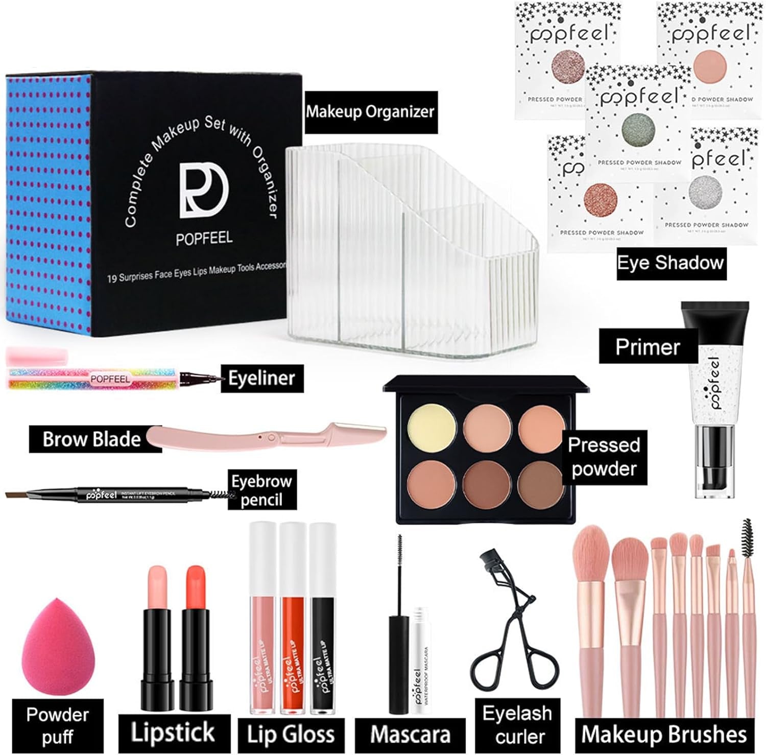 Makeup Set, Cosmetic Make up Starter Kit with Portable Travel Concealer Palette Lipstick Lip Gloss Eyeliner Mascara Eyeshadow Primer Eyebrow Pencil Eyelash Curler Makeup Brushes for Women