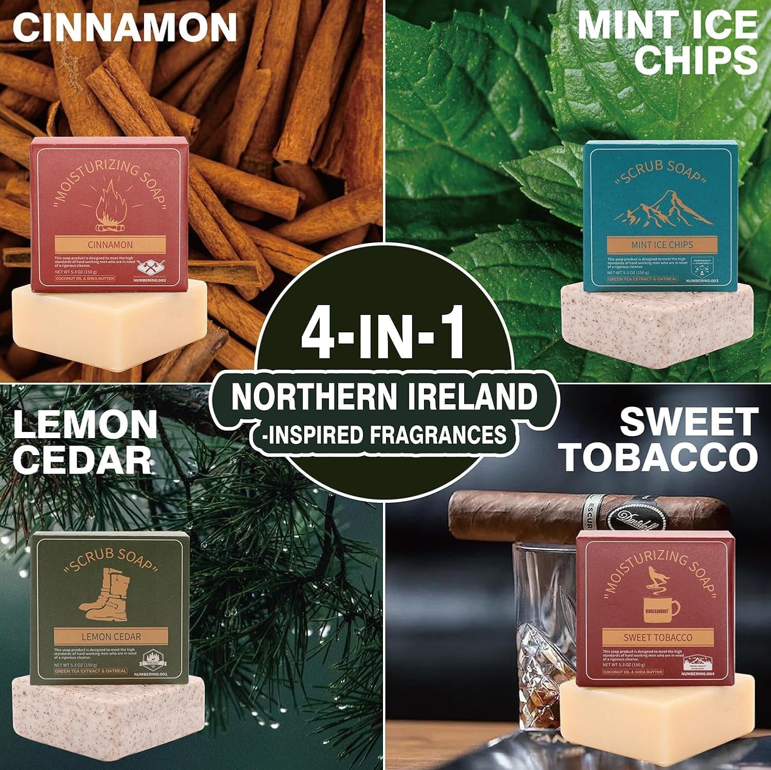 Mens Bar Soap 4Pcs Natural Soap Bar Set Cleansing Bar Moisturizing&Exfoliating Scrub Soap Gift Set Travelling for Men Face Body Hand Beard Wash 4 in 1 All Skin Type |5.3 Oz of 4 Bars