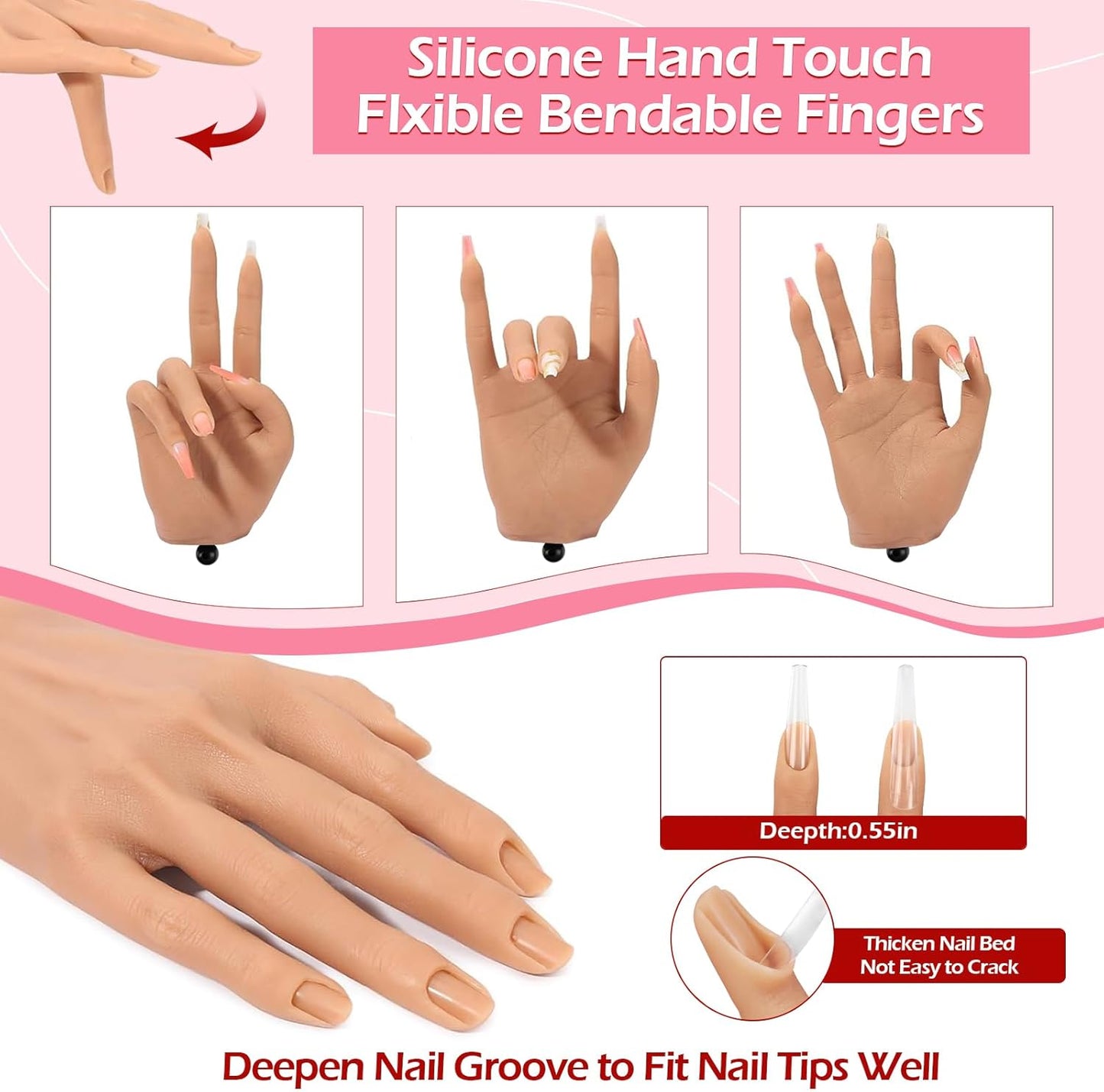Practice Hand for Acrylic Nails, Realistic Silicone Nail Hand Practice, Flexible Fake Nail Mannequin Training Hand for Nail Practice, Acrylic Nail Art Practice Tool (With Visible Joints)