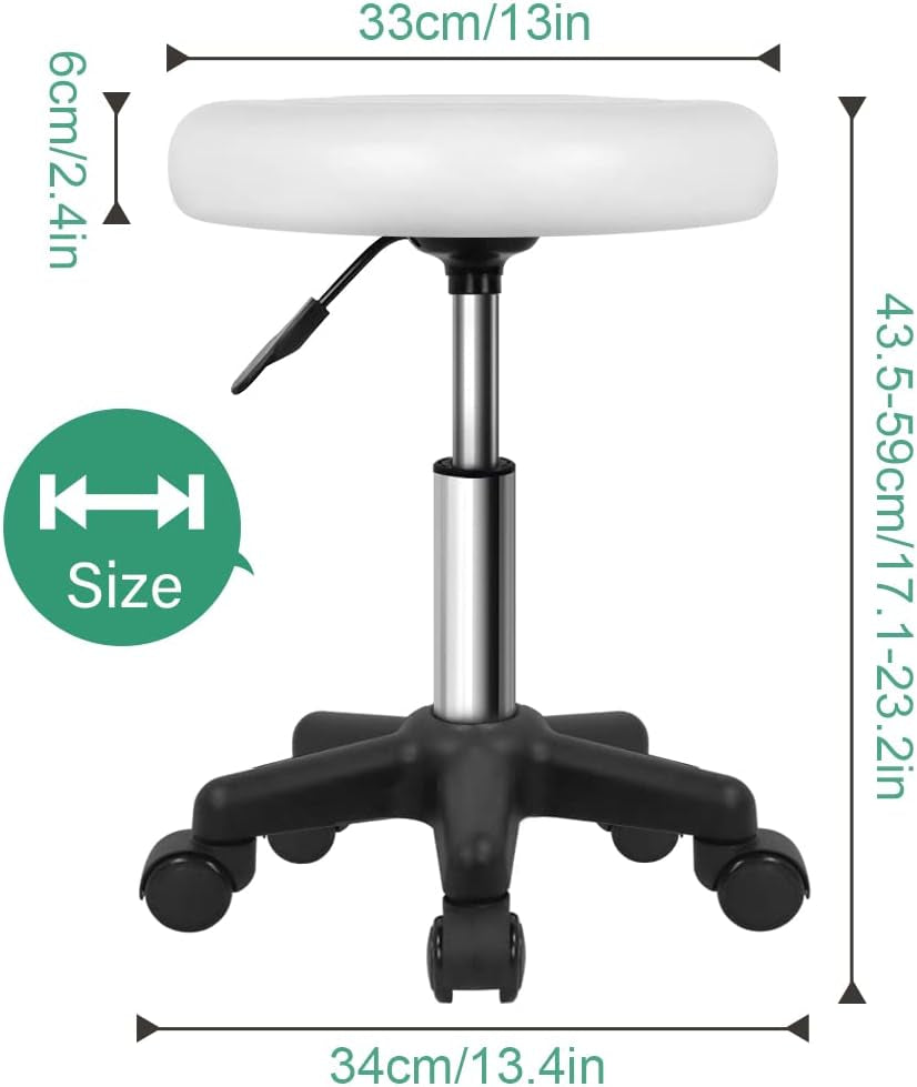round Swivel Stool with Wheels PU Leahter Rolling Stool Height Adjustable Stool for Spa Salon Massage White