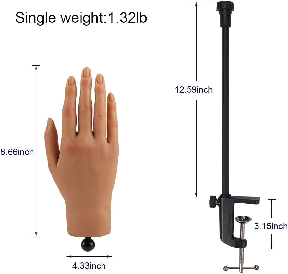 Nail Pratice Training Hand for Acrylic Nails with Stand Bracket,Soft Silicone Maniquin Hand, Flexible Bendable Nail Practice Fake Hand for Nails Art Practice Tool