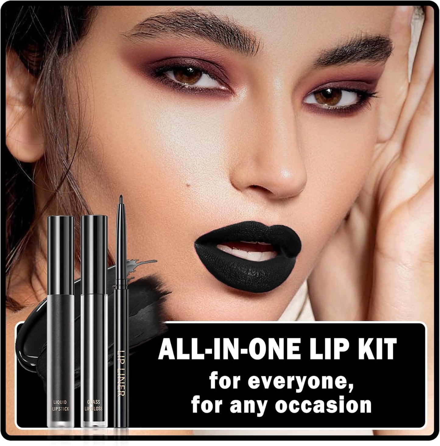 3 in 1 Black Lip Liner Pencil and Lipstick Lipgloss Set Matte Black Lipstick Lip Gloss Kit Long-Lasting Nonstick Cup Smudge Proof Lip Kits with Lip Liner,Highly Pigmented Velvet Goth Makeup (12#Black Magic)