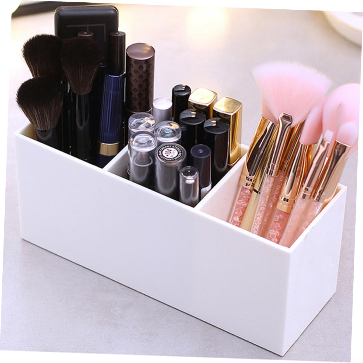 Office Desktop Storage Box Makeup Brush Case 3 Compartments Cosmetics Brush Organizer Sundries