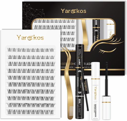 Eyelash Extension Kit, False Lashes Mix 10-16Mm, 2-In-1 Bond Seal Glue, Makeup Remover, Lash Tweezers with Comb, Women DIY Individual Application at Home, 100Pcs C Curl Clusters, B1-Black