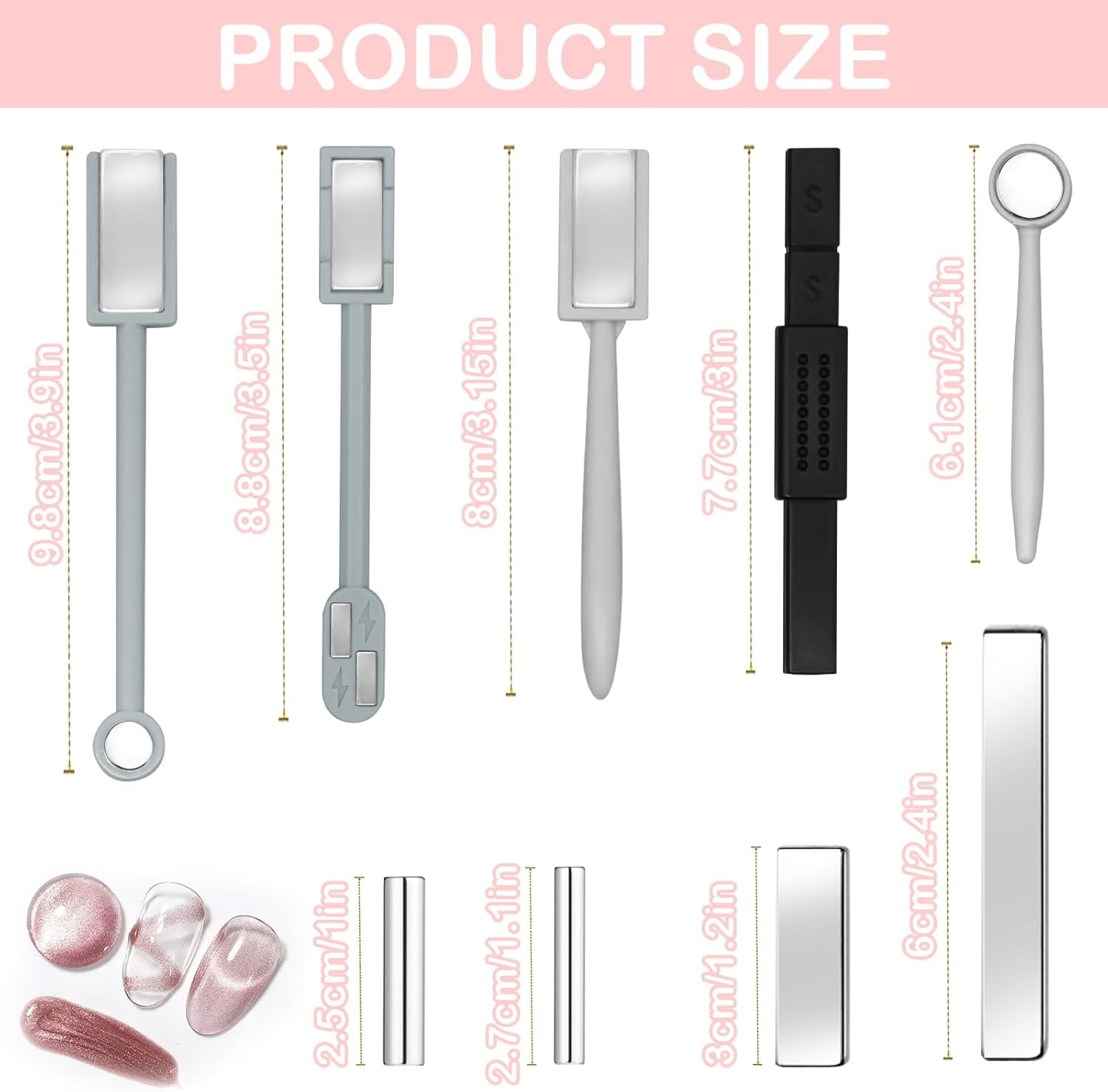 9Pcs Cat Eye Magnet for Nails, Cat Eye Gel Nail Polish Magnet Tools Set, Strong Suction Nail Polish Cat Eye Magnet Board Magnet for Nail Polish, Double-Ended Nail Design Tools Nail Accessories